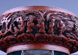 FINELY CARVED ANTIQUE CHINESE CINNABAR LACQUER BRONZE CENSER BRUSH WASHER BOWL 8