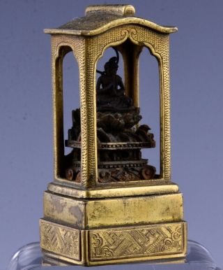Very Rare Antique Chinese Tibetan Gilt Bronze Miniature Buddha Temple Shrine