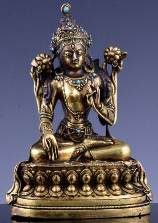 Truly 17/18thc Chinese Gold Gilt Bronze Turquoise Stone Buddha Figure
