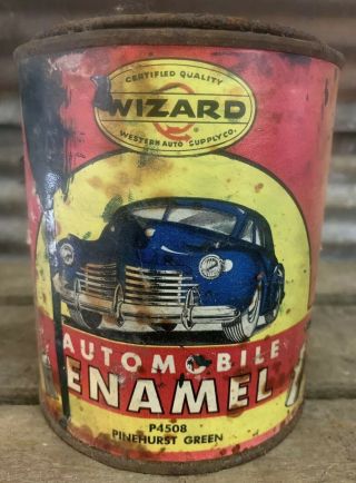 Rare Vtg 40s Wizard Automobile Enamel Green Paint Can W Paper Label Western Auto