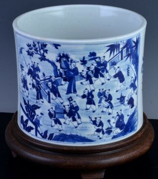 Ex.  Rare 17thc Chinese Kangxi Blue White Boys Landscape Bitong Brushpot Vase