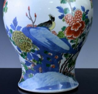 PAIR 19THC CHINESE BLUE WHITE WUCAI ENAMEL BIRD LANDSCAPE MEIPING VASES 10