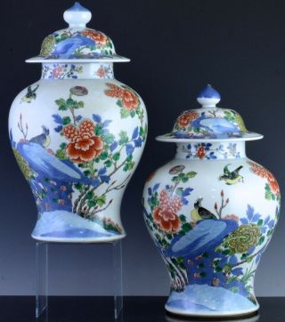 Pair 19thc Chinese Blue White Wucai Enamel Bird Landscape Meiping Vases