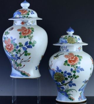 PAIR 19THC CHINESE BLUE WHITE WUCAI ENAMEL BIRD LANDSCAPE MEIPING VASES 2