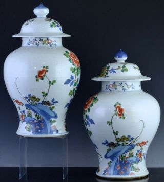 PAIR 19THC CHINESE BLUE WHITE WUCAI ENAMEL BIRD LANDSCAPE MEIPING VASES 3