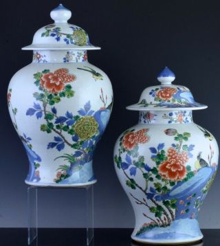 PAIR 19THC CHINESE BLUE WHITE WUCAI ENAMEL BIRD LANDSCAPE MEIPING VASES 4
