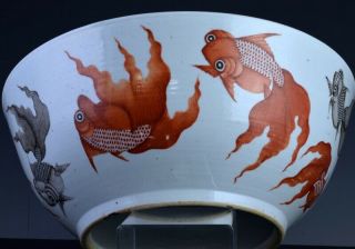 HUGE EARLY 19THC CHINESE ORANGE CORAL & GRISAILLE GOLDFISH & BATS PUNCH BOWL 10