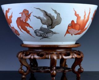 Huge Early 19thc Chinese Orange Coral & Grisaille Goldfish & Bats Punch Bowl