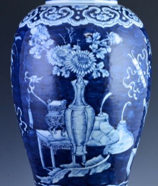 LARGE 19THC CHINESE BLUE WHITE IMPERIAL PRECIOUS OBJECTS LIDDED VASE 10
