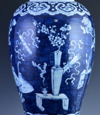 LARGE 19THC CHINESE BLUE WHITE IMPERIAL PRECIOUS OBJECTS LIDDED VASE 11