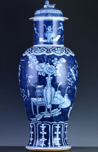 Large 19thc Chinese Blue White Imperial Precious Objects Lidded Vase