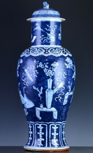 LARGE 19THC CHINESE BLUE WHITE IMPERIAL PRECIOUS OBJECTS LIDDED VASE 2