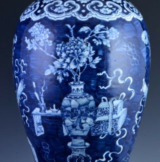 LARGE 19THC CHINESE BLUE WHITE IMPERIAL PRECIOUS OBJECTS LIDDED VASE 8