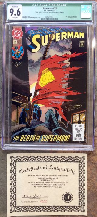 Jerry Siegel Signed Superman 75 - Cgc 9.  6 Dynamic Forces Certified