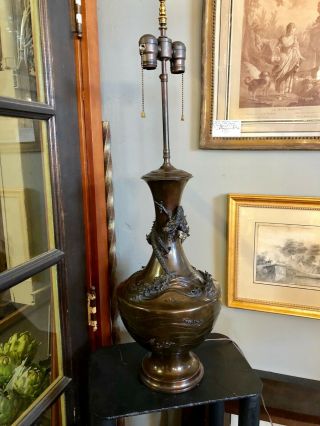 1920s Chinese Bronze Table Lamp With Dragon And Crystal Ball Art Deco