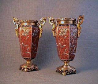 Fine Pair Late 19th Century French Champleve Cloisonne Japanese style Vases 2