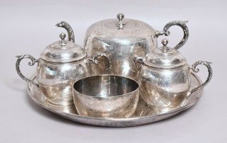 An Exceptional Antique Chinese Swatow Pewter Tea Set,  Signed Tea Pot Etc