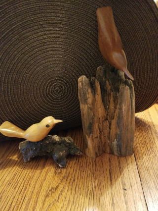 Wood Carved Birds Figurine.  2 Figurines Large One Is Signed.