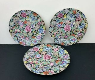Antique Set Of 3 Qing Dynasty Chinese Porcelain Black Millefiori Plates Signed