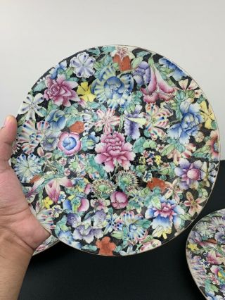 Antique Set Of 3 Qing Dynasty Chinese Porcelain Black Millefiori Plates Signed 2