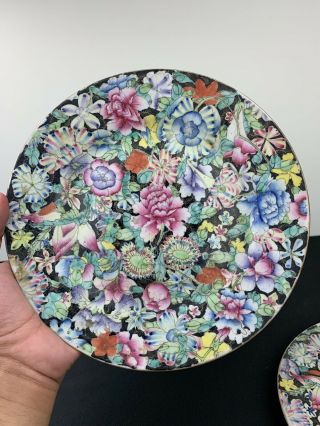 Antique Set Of 3 Qing Dynasty Chinese Porcelain Black Millefiori Plates Signed 4