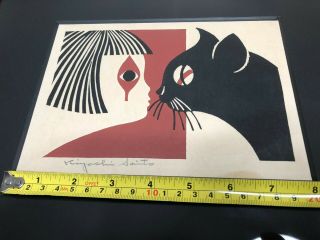 Kiyoshi Saito Woodblock Print Pencil Signed of Girl and Black Cat 4