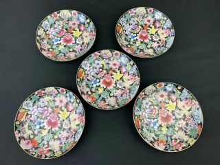 Antique Set Of 5 Qing Dynasty Chinese Porcelain Black Millefiori Plates Signed