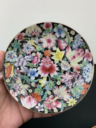 Antique Set Of 5 Qing Dynasty Chinese Porcelain Black Millefiori Plates Signed 2