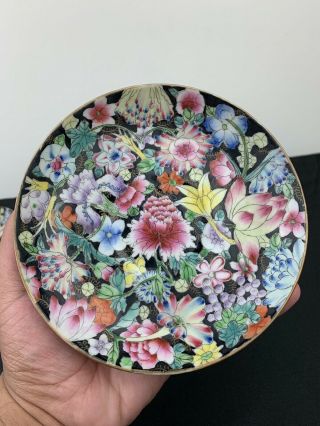 Antique Set Of 5 Qing Dynasty Chinese Porcelain Black Millefiori Plates Signed 3