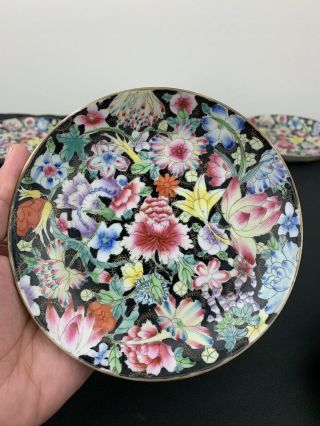 Antique Set Of 5 Qing Dynasty Chinese Porcelain Black Millefiori Plates Signed 5