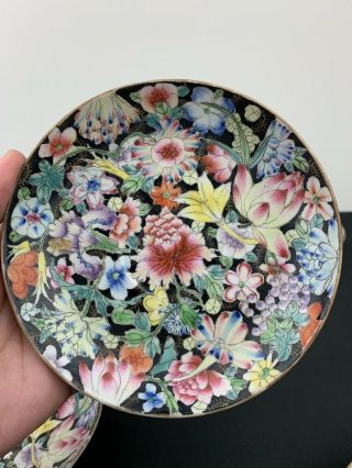Antique Set Of 5 Qing Dynasty Chinese Porcelain Black Millefiori Plates Signed 7