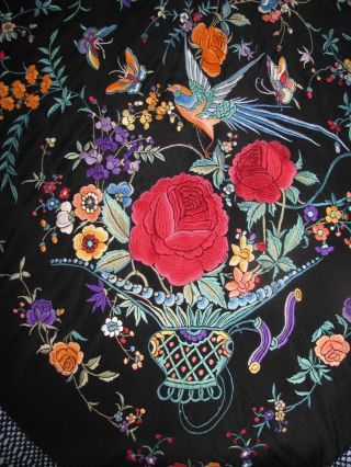 Antique Chinese Embroidered Silk Shawl Urns Birds Flowers Large Exquisite