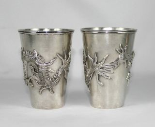 PR.  ANTIQUE C 1880 CHINESE EXPORT SILVER DRAGON CUPS,  SIGNED HENG LI 214 GMS. 4