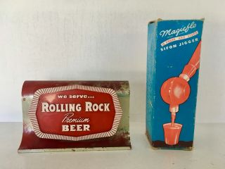 Vintage Rolling Rock Beer Sign Plus Magicflo Siphon Jigger - 1960 