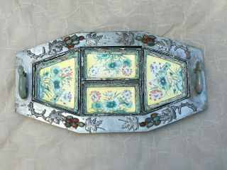 Antique Chinese Pewter Tray With Jade Handles