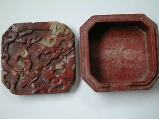 ANTIQUE CHINESE CARVED SOAPSTONE BOX,  COVER SCHOLAR SEAL PASTE INK DRAGON NR 12