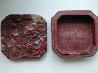 ANTIQUE CHINESE CARVED SOAPSTONE BOX,  COVER SCHOLAR SEAL PASTE INK DRAGON NR 2