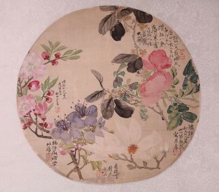 Antique Chinese Painting on Silk Flowers and Calligraphy Fan Leaf 2