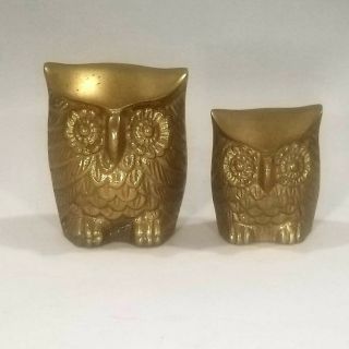 Mother And Baby Vintage Brass Owl Paperweights Mid Century Modern