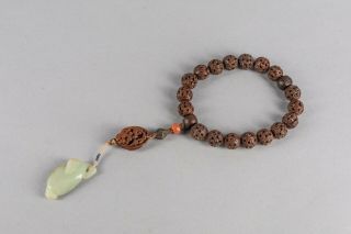 19th Chinese Antique Carved Seeds & Jade Prayer Beads
