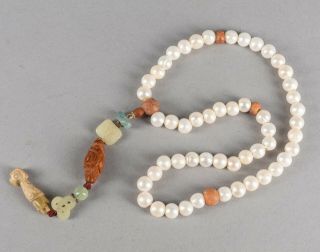 Chinese Antique Pearl & Carved Seed,  Jade Prayer Beads,  19th Manchu Style