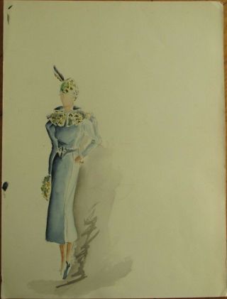 Fashion Hand - Painted 1937 Artwork: Woman In A Blue Dress W/handbag