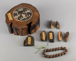 Group Of Chinese/japoanese Antique Agarwood Pics & Beads With Wood Box