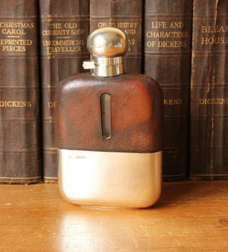 Leather Covered Spirit Hip Flask With Silver Cup & Flip Top James Dixon 1942