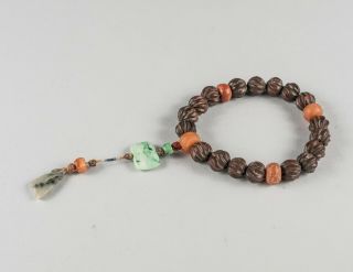19th Chinese Antique Carved Agarwood & Agate Prayer Beads
