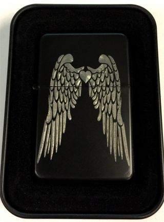 Angel Wings Love Heart Tribal Black Engraved Cigarette Lighter Len - 0216