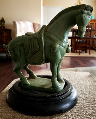 Lg Antique Hand Carved Deep Celadon Solid Jade Tang Horse W/ Hand Carved Stand