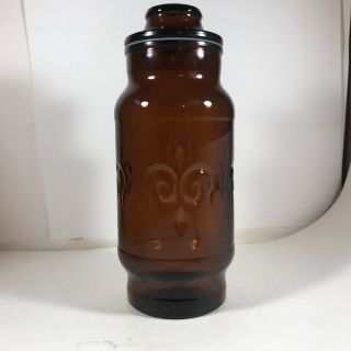 Vtg Fleur De Lis French Design Amber Glass Kitchen Canister W/lid Apothethecary