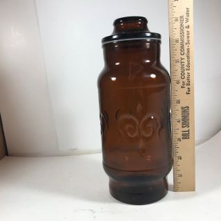 Vtg Fleur De Lis French Design Amber Glass Kitchen Canister W/Lid Apothethecary 5
