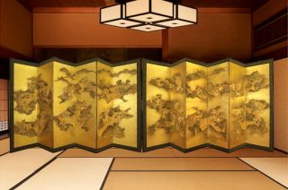 掛軸1967 Japanese Paired Folding Screen / Byobu " Gold - Leaf Gathering People " @by6